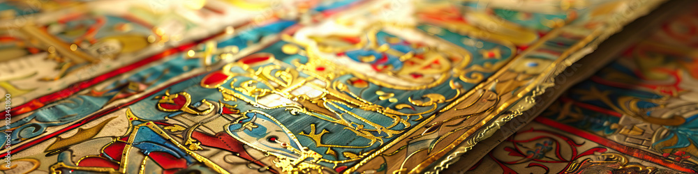 Fototapeta premium A close-up of a medieval illuminated manuscript, its intricate gold leaf detailing and vibrant reds and blues showcasing the artistry of European monks.