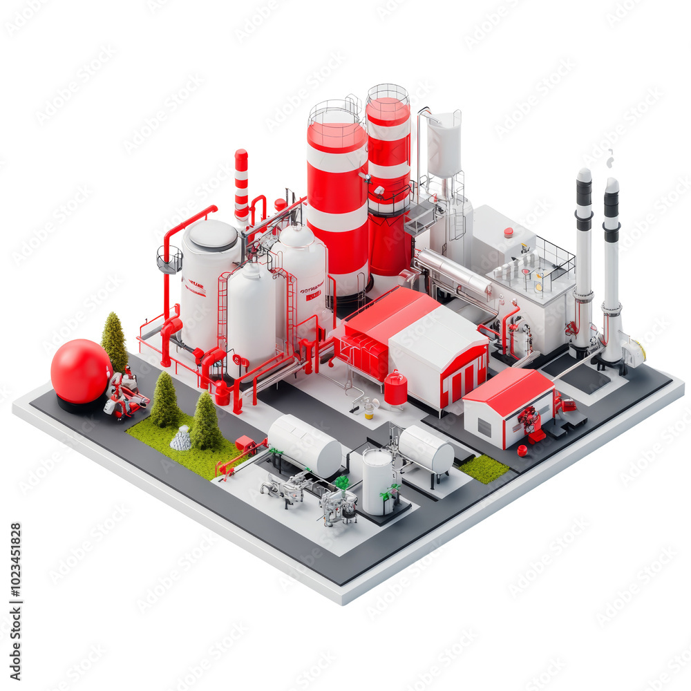 Isometric illustration of modern industrial factory with red and white structures, conveying a futuristic and efficient manufacturing concept. Isometric illustration of modern industrial factory with red and white structures, conveying a futuristic and efficient manufacturing concept.