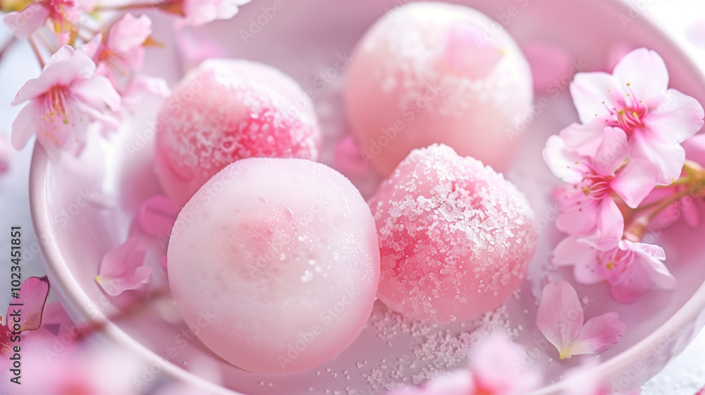 Sakura mochi during cherry blossom season, pink hues and springtime feel