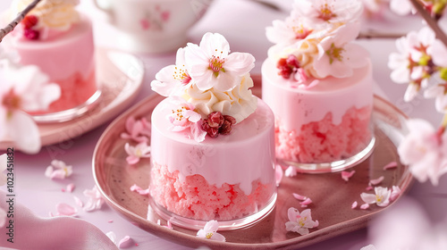 Sakura blossom-themed dessert with pink hues and delicate decorations, springtime setting2