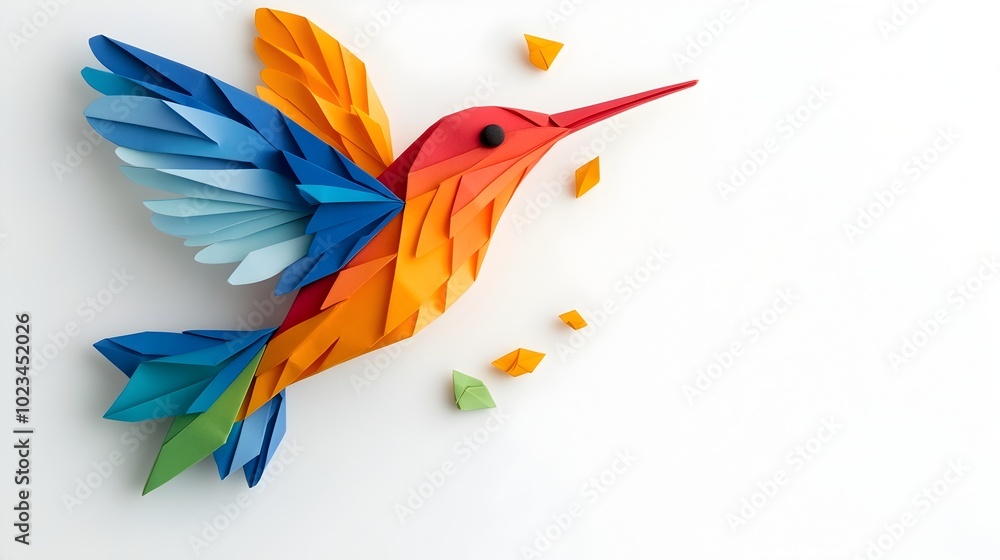 Obraz premium Origami Hummingbird on Clean White Background with Copyspace