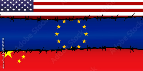 China ,Europe Union, USA flags banner, template, background, web. Concept of partnerships between America Asia Europe, trade, strategic partnership, sanctions, duties.