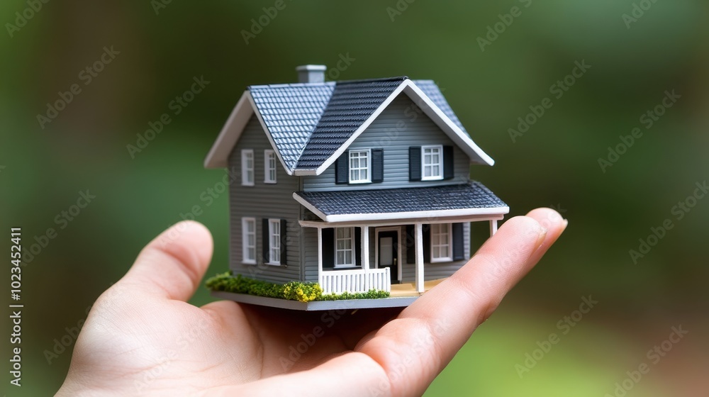 A person's hand gently cupping a miniature house, representing the promise of a new home or real estate investment A person's hand gently cupping a miniature house, representing the promise of a new home or real estate investment