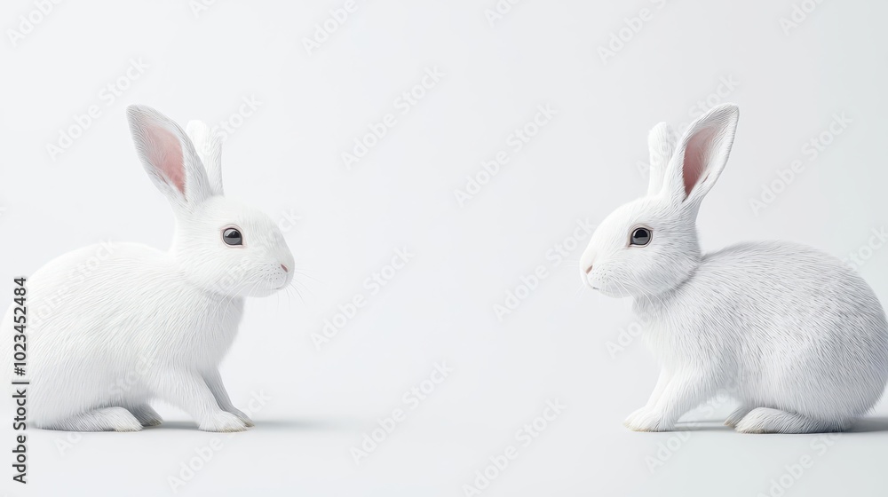 A pair of white rabbits with long ears, 3D rendering, soft light, isolated on white background A pair of white rabbits with long ears, 3D rendering, soft light, isolated on white background