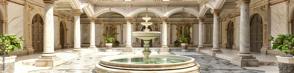 Fototapeta premium A tranquil fountain in the courtyard of a stately European palace, surrounded by intricately designed marble pillars and archways.