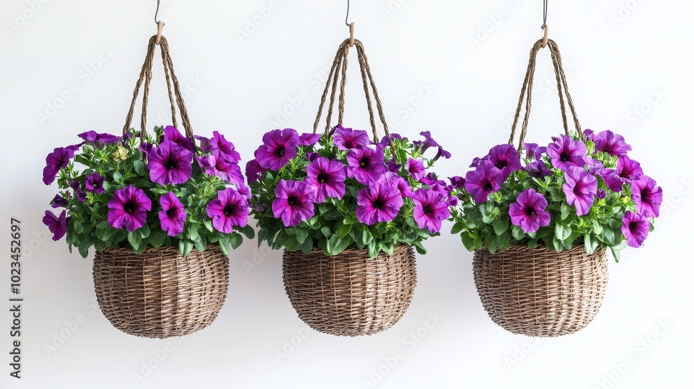 On a transparent background, a set of hanging basket flowers, including petunias and fuchsias On a transparent background, a set of hanging basket flowers, including petunias and fuchsias