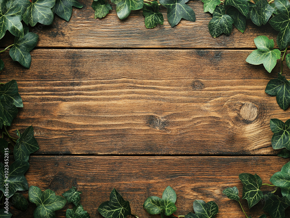 Wooden background with ivy leaves border, with space for text or logo. Wooden board table top with green leaf vines Wooden background with ivy leaves border, with space for text or logo. Wooden board table top with green leaf vines