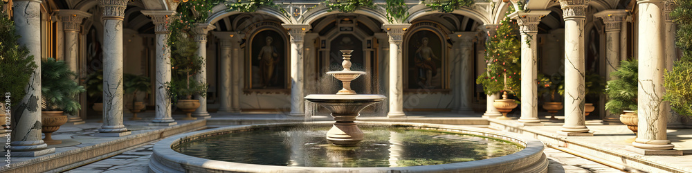 Obraz premium A tranquil fountain in the courtyard of a stately European palace, surrounded by intricately designed marble pillars and archways.