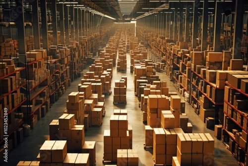 A large indoor smart warehouse with lots of boxes architecture cardboard building.