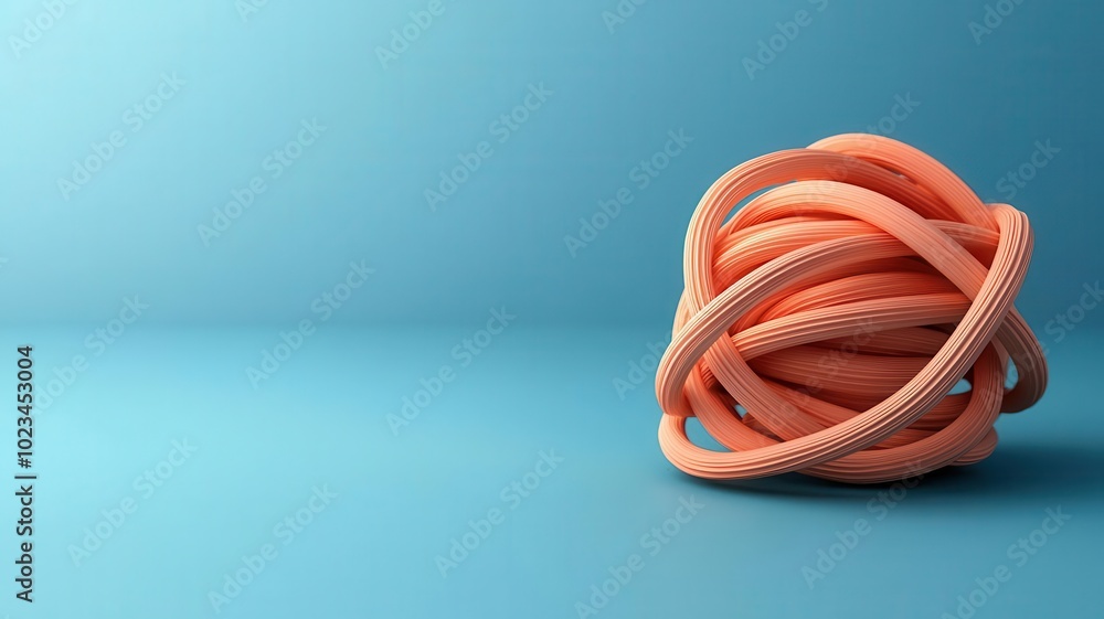 A vibrant, tangled ball of orange rope rests against a subtle blue background, creating a striking visual contrast. A vibrant, tangled ball of orange rope rests against a subtle blue background, creating a striking visual contrast.
