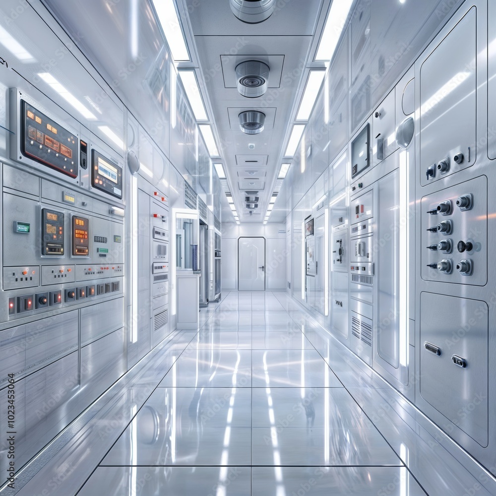 Fototapeta premium Indoor Substation Equipment. A long hallway with rows of electrical panels and high-voltage equipment in an indoor substation.