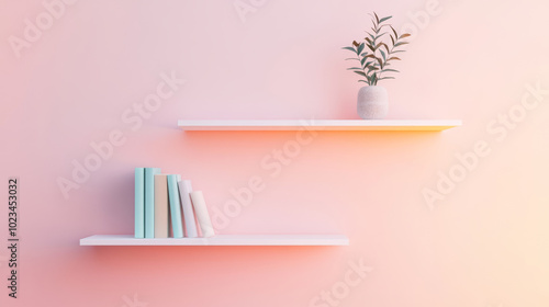 A minimalist interior featuring two white shelves against soft pink wall. top shelf holds small potted plant, while bottom shelf displays collection of pastel colored books, creating serene and stylis