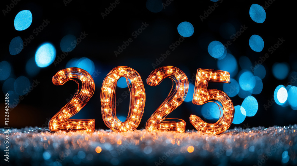 2025 illuminated with sparkling lights creates festive atmosphere, perfect for celebrating New Year. vibrant blue bokeh background enhances joyful mood 2025 illuminated with sparkling lights creates festive atmosphere, perfect for celebrating New Year. vibrant blue bokeh background enhances joyful mood