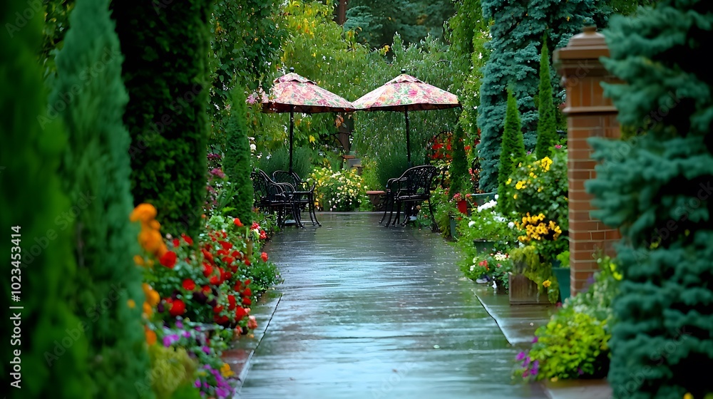 Garden Hideaway: A hidden garden corner—wrought iron chairs, floral umbrellas, and the scent of wet earth. Garden Hideaway: A hidden garden corner—wrought iron chairs, floral umbrellas, and the scent of wet earth.