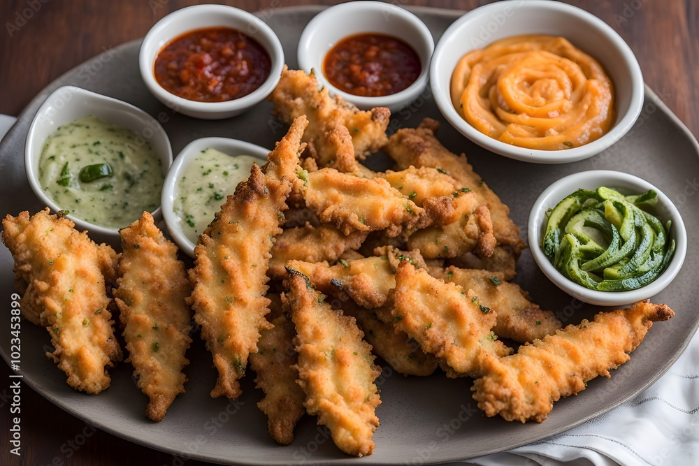 A platter of yachae twigim crispy vegetable tempura including sweet potatoes zucchini and green pepper. Ai Generated A platter of yachae twigim crispy vegetable tempura including sweet potatoes zucchini and green pepper. Ai Generated
