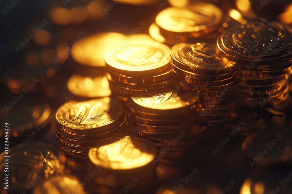 Close-up of stacked golden coins with warm lighting, evoking themes of wealth, finance, and prosperity. Close-up of stacked golden coins with warm lighting, evoking themes of wealth, finance, and prosperity.
