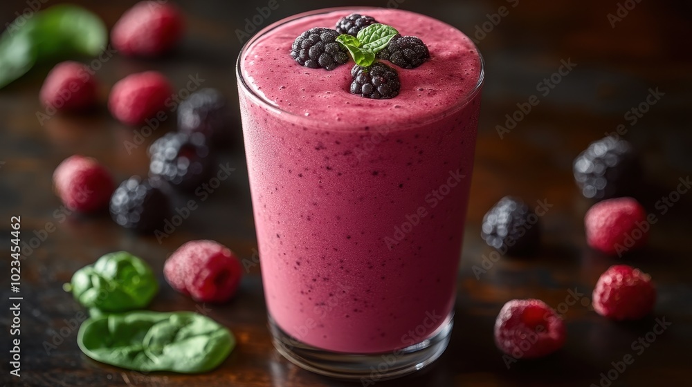 A vibrant berry smoothie topped with blackberries and mint, served in a glass, emphasizing a healthy and refreshing drink. A vibrant berry smoothie topped with blackberries and mint, served in a glass, emphasizing a healthy and refreshing drink.