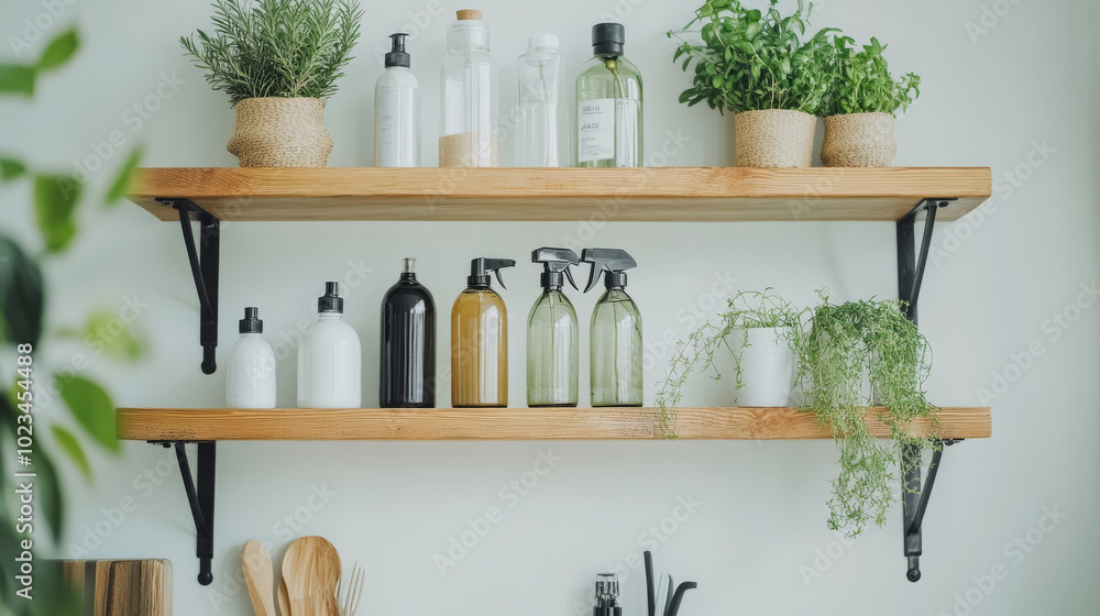 Stylish wooden shelves display an array of glass and plastic bottles, plants, and kitchen utensils, creating fresh and organized atmosphere in modern kitchen Stylish wooden shelves display an array of glass and plastic bottles, plants, and kitchen utensils, creating fresh and organized atmosphere in modern kitchen