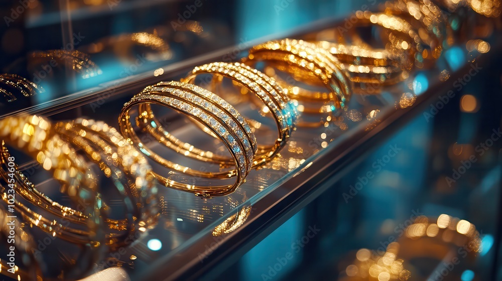 Elegant display of golden bangles in a jewelry store, reflecting light beautifully, showcasing intricate craftsmanship and luxury design. Elegant display of golden bangles in a jewelry store, reflecting light beautifully, showcasing intricate craftsmanship and luxury design.