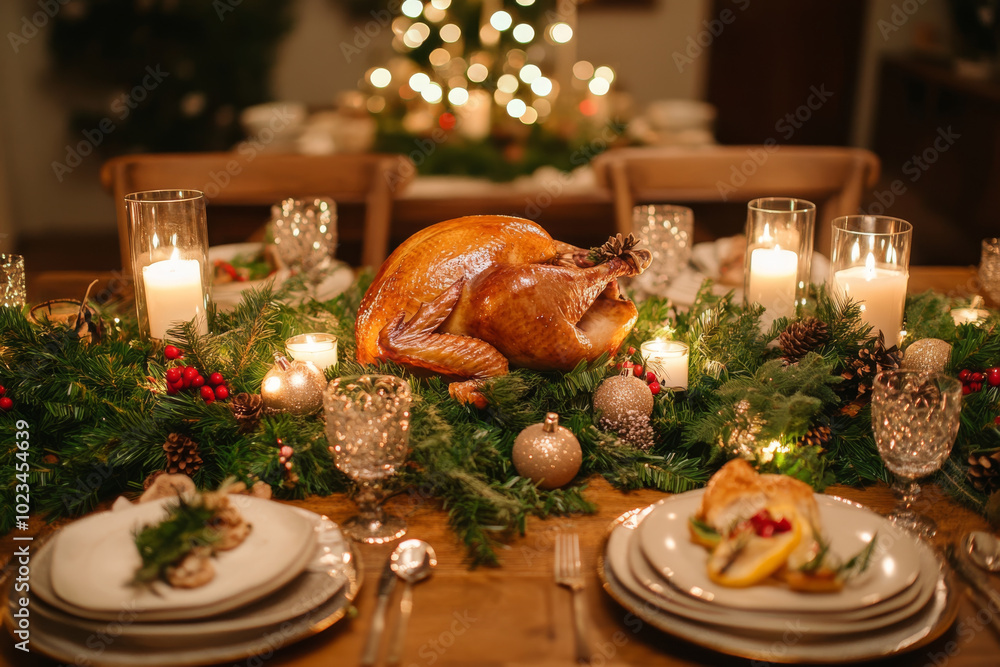 A beautifully arranged festive dining table featuring roasted turkey centerpiece, surrounded by candles, greenery, and elegant tableware, creating warm and inviting atmosphere for holiday celebration A beautifully arranged festive dining table featuring roasted turkey centerpiece, surrounded by candles, greenery, and elegant tableware, creating warm and inviting atmosphere for holiday celebration
