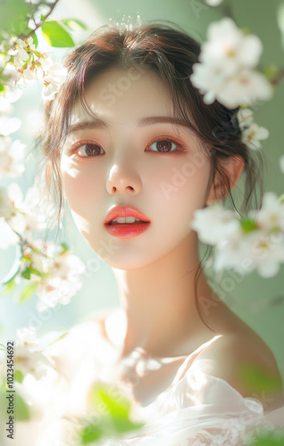 A beautiful Korean woman with clean and delicate skin, a cute face, bright makeup, light pink lipstick