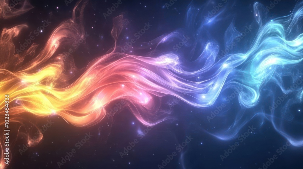 A vibrant swirl of colorful light resembling flowing smoke or energy in a cosmic background. A vibrant swirl of colorful light resembling flowing smoke or energy in a cosmic background.