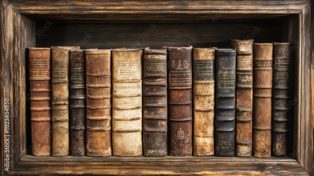 Aged books with worn spines on a rustic wooden shelf, evoking the wisdom and history of past eras