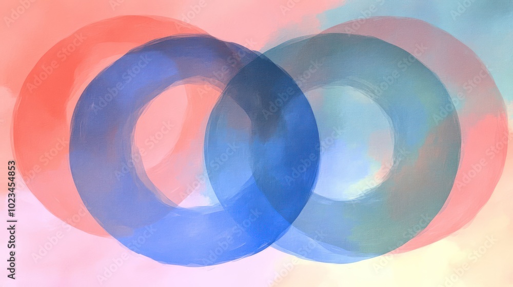 Abstract artwork featuring overlapping circles in red and blue against a soft background.