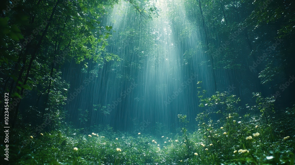 A serene forest scene illuminated by beams of sunlight filtering through lush greenery, creating a tranquil and magical atmosphere. A serene forest scene illuminated by beams of sunlight filtering through lush greenery, creating a tranquil and magical atmosphere.