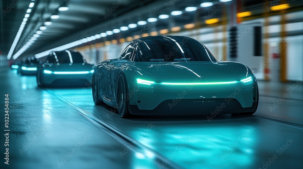 Shiny modern cars in a lined-up formation in tunnel Shiny modern cars in a lined-up formation in tunnel