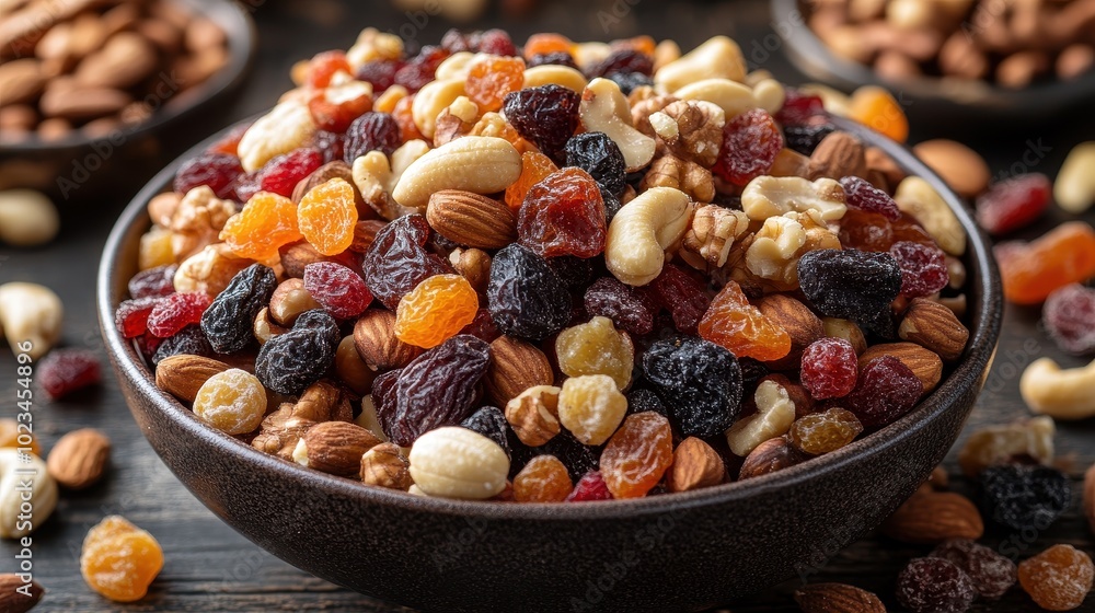 A colorful mix of nuts and dried fruits displayed in a bowl, perfect for a healthy snack or topping. A colorful mix of nuts and dried fruits displayed in a bowl, perfect for a healthy snack or topping.