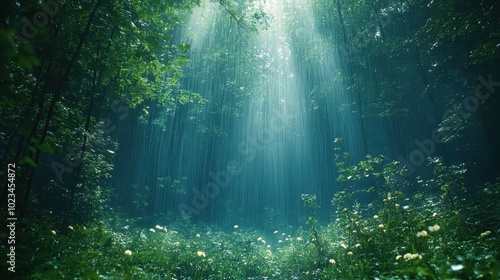 A serene forest scene illuminated by beams of sunlight filtering through lush greenery, creating a tranquil and magical atmosphere.