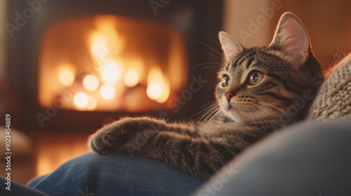 A cozy cat rests comfortably on persons lap, gazing thoughtfully at warm fireplace. soft glow of flames creates serene atmosphere, perfect for relaxation photo