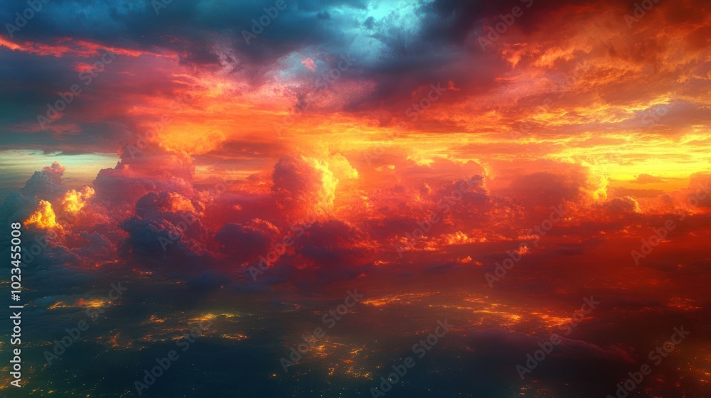 Fototapeta premium A breathtaking aerial view of a vibrant sunset with colorful clouds and a glowing horizon.