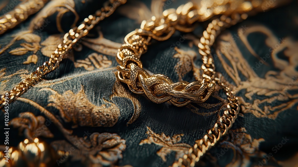 Exquisite gold jewelry on luxurious fabric background, showcasing the elegance and opulence of intricate metalwork and design. Exquisite gold jewelry on luxurious fabric background, showcasing the elegance and opulence of intricate metalwork and design.