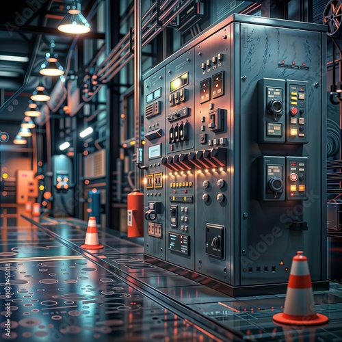 Industrial Control Room. A futuristic industrial control room with complex machinery, control panels, and safety cones in a well-lit environment.