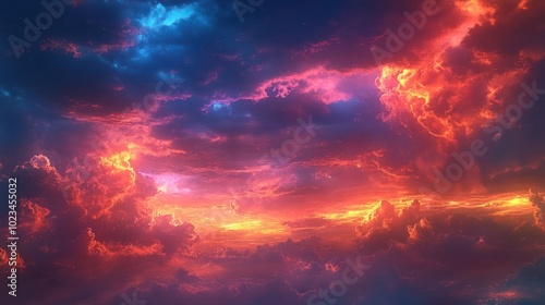 A vibrant sunset sky filled with dramatic clouds in shades of orange, pink, and blue.