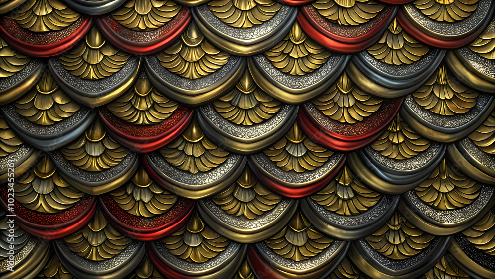 Fototapeta premium Intricate gold, red, and silver decorative scales pattern