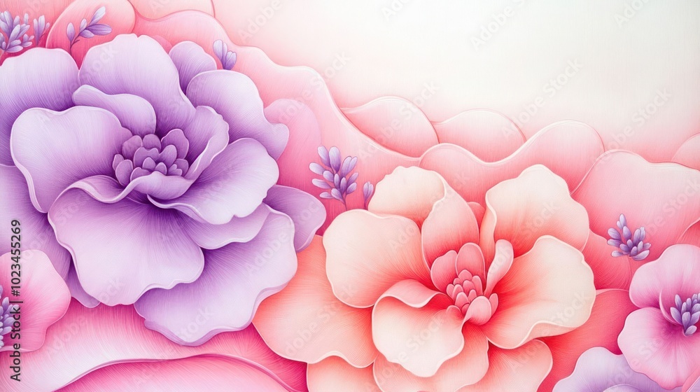 Obraz premium A vibrant floral design featuring pink and purple flowers with soft gradient backgrounds.