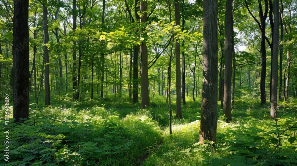 Obraz premium Sunlight Filtering Through a Dense Forest