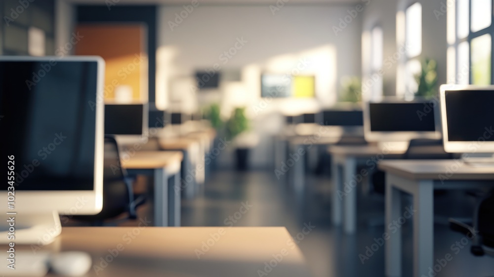 A modern office space featuring multiple workstations and computers. A modern office space featuring multiple workstations and computers.