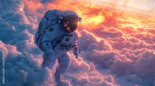 Astronaut Walking on Clouds 3D Illustration