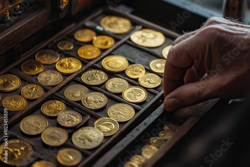 Hand selecting vintage gold coins from a wooden box, showcasing a collection of rare and valuable currency. Ideal for antique and numismatic themes.