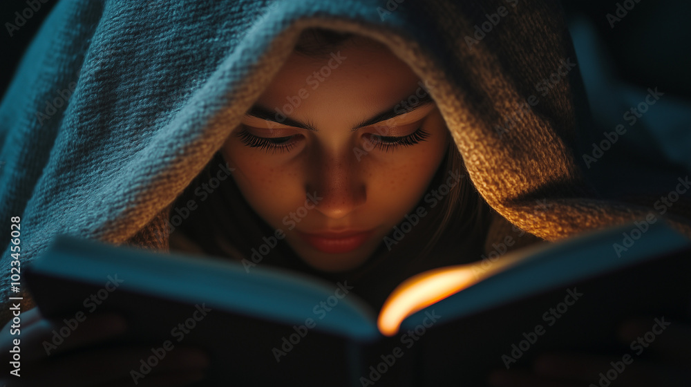Intimate portrait of a girl reading a book under a blanket with warm light creating a cozy atmosphere Intimate portrait of a girl reading a book under a blanket with warm light creating a cozy atmosphere