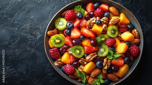 A vibrant bowl of mixed fruits including berries, kiwi, and melon, topped with nuts and mint, set against a dark background.