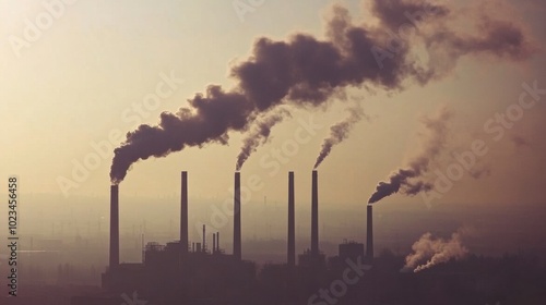 Black smoke billows from factory chimneys, filling the atmosphere with pollution against a stark industrial landscape