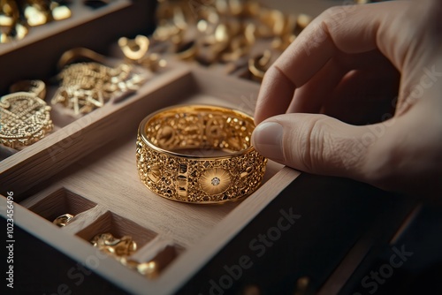 Intricate gold bracelet in wooden jewelry box, a hand delicately holding it. Elegant accessory symbolizing luxury and craftsmanship.