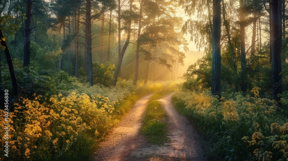 Fototapeta premium Sunlit Forest Path with Morning Mist