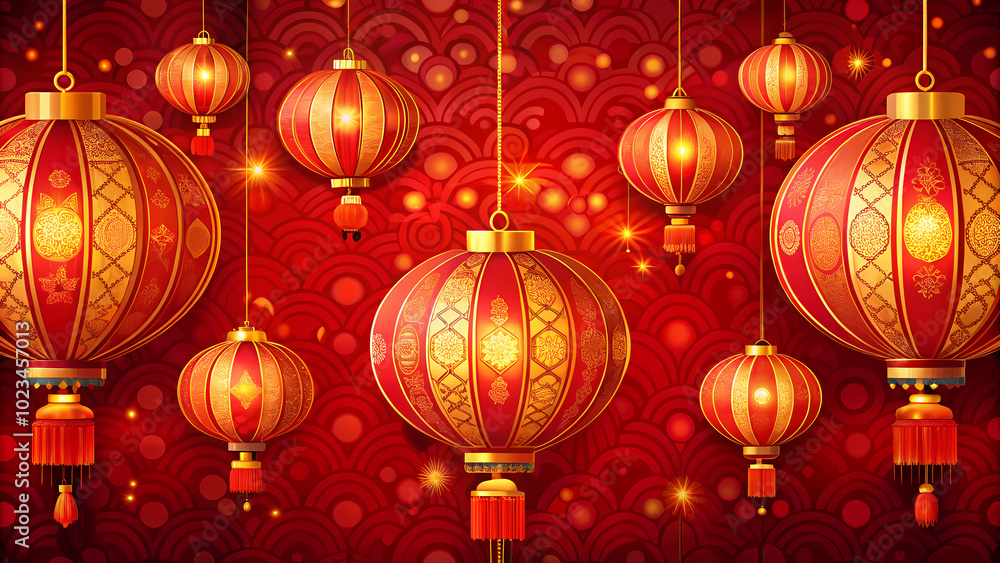 Golden and red Chinese lanterns glowing on ornate red background Golden and red Chinese lanterns glowing on ornate red background