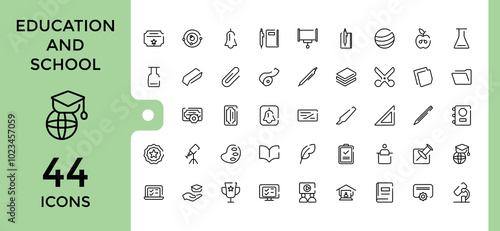 Set of Education and school line Icons set. Minimal icons pack. Book, Pen, student and more, Editable stroke, Pixel perfect. Vector illustration